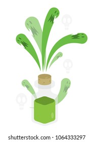 vector illustration angry evil green monster soul toxic out of medium glass beaker tube bottle green poison