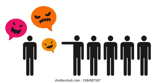 vector illustration of angry faces and crowd people bullying and mocking person pointing hand on individual