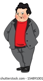 Vector Illustration Of An Angry Fat Man With Hands Behind Back.