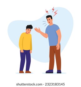 Vector illustration of an angry father yelling at his son. Cartoon scene with a father arguing and gesturing to his upset son isolated on white background. Relationships between parents and children.