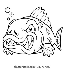 vector illustration of angry fish cartoon - Coloring book