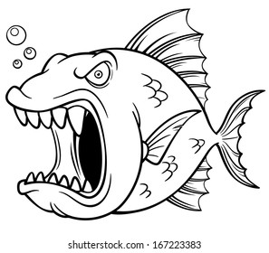 Vector illustration of angry fish cartoon - Coloring book