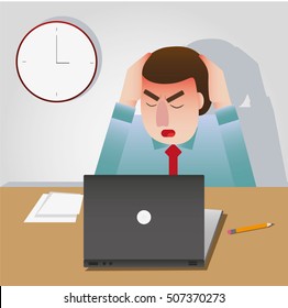 Vector Illustration Of An Angry Frustrated Man In The Office At The Computer. Men Grabs The Head In His Hand Clipart