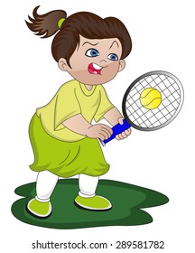 Vector illustration of angry girl with tennis racket and ball.