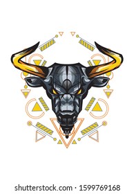 Vector illustration angry gold taurus, bull, buffalo in geometric animal