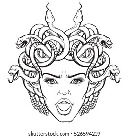 Vector illustration of angry gorgon with snakes and open mouth in hand drawn cartoon realistic style. Artwork hand sketched. Template for postcard, banner, poster, placard, print for t-shirt.