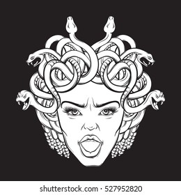 Vector illustration of angry gorgon with snakes and open mouth in hand drawn cartoon realistic style. Artwork hand sketched. Template for postcard, banner, poster, placard, print for t-shirt.