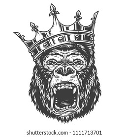 Vector illustration, angry gorilla head in the crown on a white background