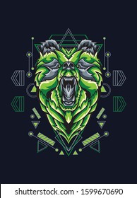 Vector illustration angry green bear head in animal sacred geometry