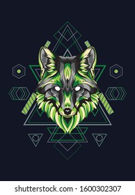 Vector illustration angry green fox, wolf, dog in geometric pattern