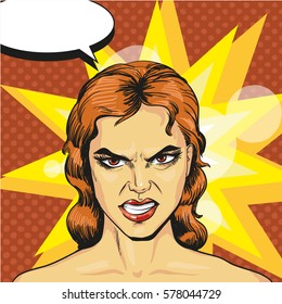 Vector illustration of angry, infuriated woman in retro pop art comic style. Negative emotions.