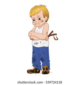Vector Illustration angry little bully boy face showing grievance emotion. Boy has untidy appearance and holding in his hand a slingshot