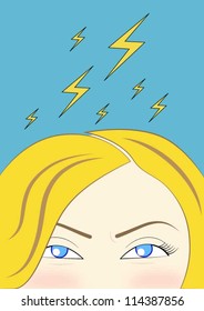 vector illustration of angry looking eyes of a young, blonde  girl, with thunder bolts above her head