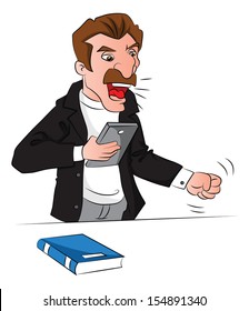 Vector illustration of angry man holding a book and shouting.