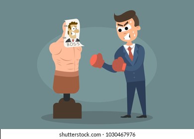 Vector illustration of angry man punching mannequin bag with boss face. Hating his boss, psychologycal therapy of stress removal concept. Flat eps design.