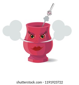 Vector Illustration of Angry Mate with Red Eyes. Cartoon Illustration of Hot Beverage. Sticker for Chat, Social Networks and etc