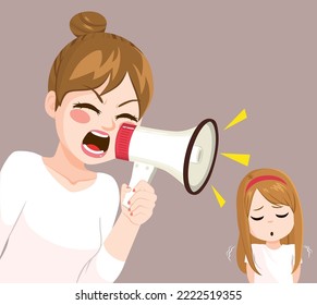 Ilustración vectorial de una madre furiosa gritando a una hija estresada. Triste niño que se siente intimidado por gritar a mamá furiosa