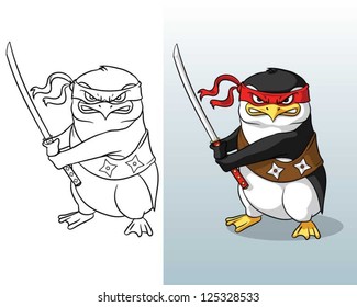 Vector illustration of  Angry Ninja Penguin holding  kat-ana  sword.