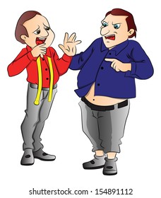 Vector illustration of angry obese customer shouting at tailor.