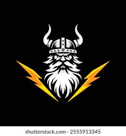 vector illustration of angry old viking head with lightning next to face isolated black background