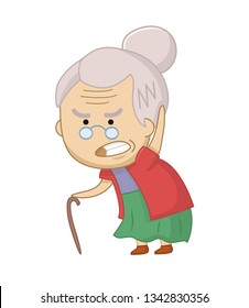 Vector Illustration Of Angry Old Woman Character. Funny Grumpy Grandmother. Senior Chibi Woman.