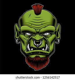 Vector illustration of an angry orc on the dark background. Mascot of warrior.