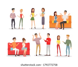 Vector illustration of angry people, screaming couples. Conflict and stress, sad characters in cartoon flat style. Angry people set on white background