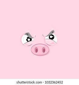 Vector illustration of the angry pig face on pink background.