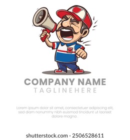 Vector illustration of angry post man wearing a cap holding a megaphone and shouting mascot, sticker, logo