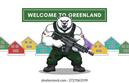 Vektorgrafik des wütenden mächtigen muskulösen Eisbären in verpixelter Militäruniform mit automatischem Gewehr. Willkommen in Grönland. Bunte traditionelle Häuser im Norden. Wildes bewaffnetes Tier