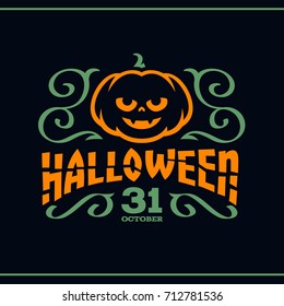 Vector illustration of the angry pumpkin among green curls on a dark background. Poster for Halloween. Banner template.