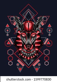 Vector illustration angry red anubis wolf, dog in geometric animal