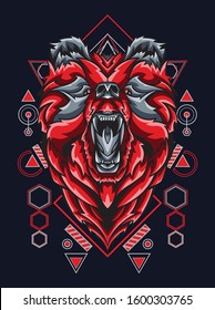 Vector illustration angry red bear in geometric pattern