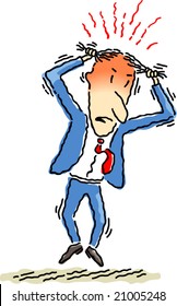 Vector illustration of an angry, red faced businessman, jumping up and down and pulling his hair out. svg