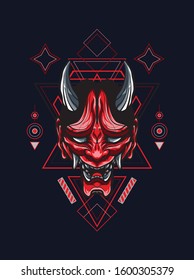 Vector illustration angry red oni, hannya, Japan mask in geometric pattern