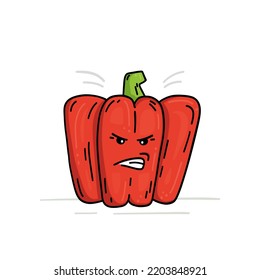 Vector illustration of an angry red pepper. Vegetable in a doodle style.