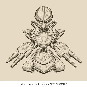 Vector illustration of an angry robot getting ready for battle. 