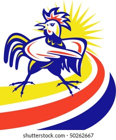 vector  illustration of an angry rooster pointing with sunburst and swoosh