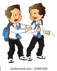 Vector illustration of angry schoolboy pulling his friend back.