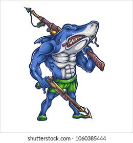vector illustration of angry shark with harpoon weapon
