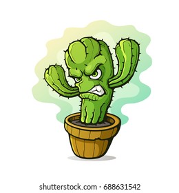 Vector illustration. Angry thorny cactus clenched teeth from anger in a flowerpot. Cartoon character with contour. Isolated on white background