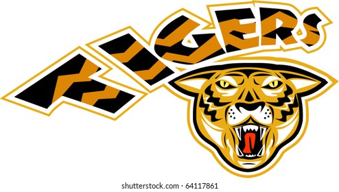 vector vector illustration of an angry tiger head  front view  with words "tigers" suitable for any sports sporting club team mascot
