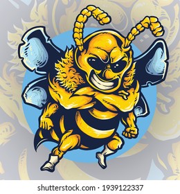 Vector illustration of angry warrior bee cartoon character