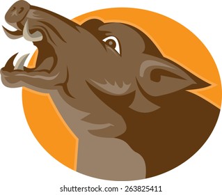 vector illustration of an angry wild pig hog razorback head set inside circle done in retro style.