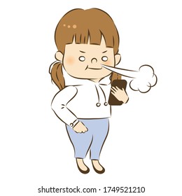 Vector illustration of angry woman holding a mobile