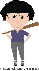 Vector Illustration Angry Woman Holding Bat