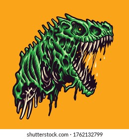 Vector Illustration Of Angry Zombie Green Raptor With A Big Mouth Open And Sharp Teeth On The Yellow Background. Hand-drawn Illustration For Mascot Sport Logo Poster T-shirt Printing. Vector Logo