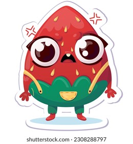 Vector illustration of angry,sad strawberry character sticker,cartoon style
