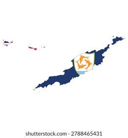 Vector illustration of Anguilla in the shape of its island outline, filled with the Anguillan flag colors. Clean flat design featuring blue field with the British Union Jack and three orange dolphins emblem. Minimal geographic silhouette suitable for education, travel, and infographic use. Isolated scalable composition for digital and print projects.