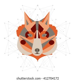 The vector illustration of the animal. Abstract geometric fox  with hipster background of triangles. Tribal animal. 